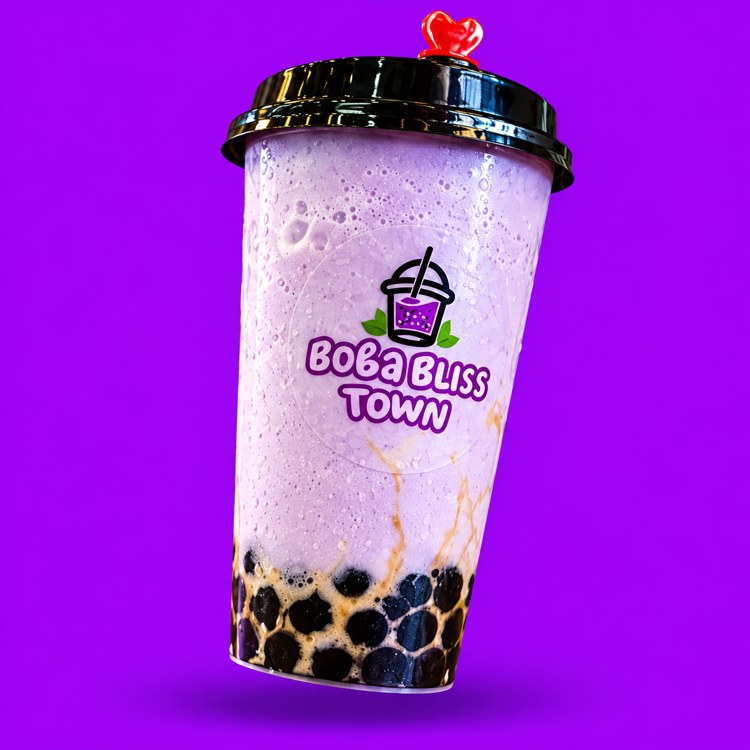 Purple boba drink with tapioca pearls and Boba Bliss Town branding